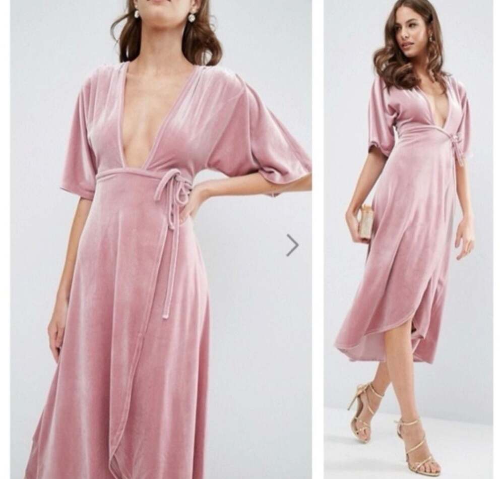 ASOS Pink Velvet V-Neck Wrap Maxi Dress with Bell Sleeves